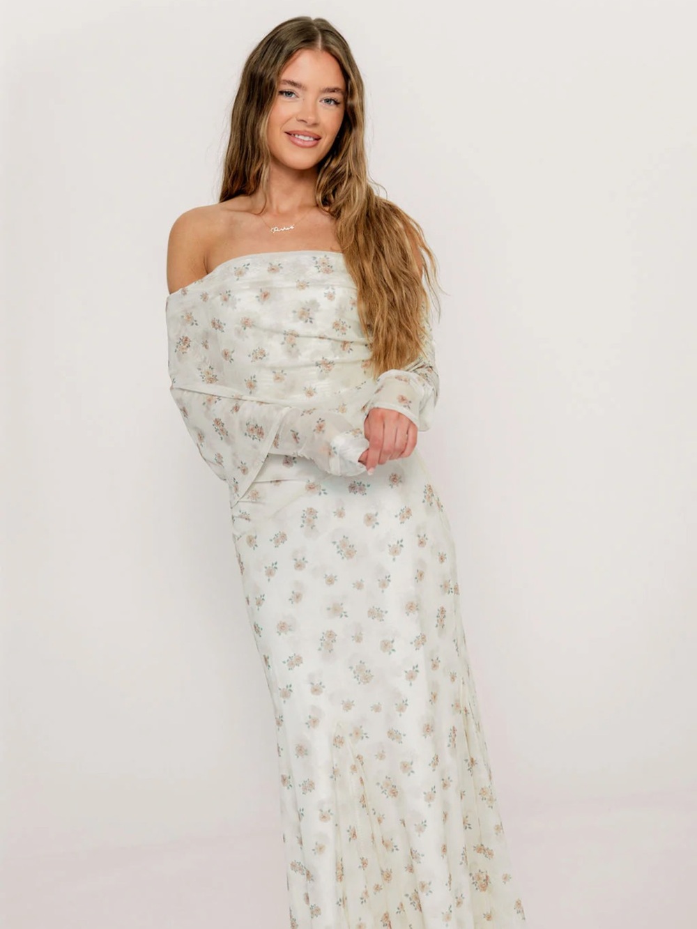 Off-Shoulder Floral Maxi Dress in Ivory